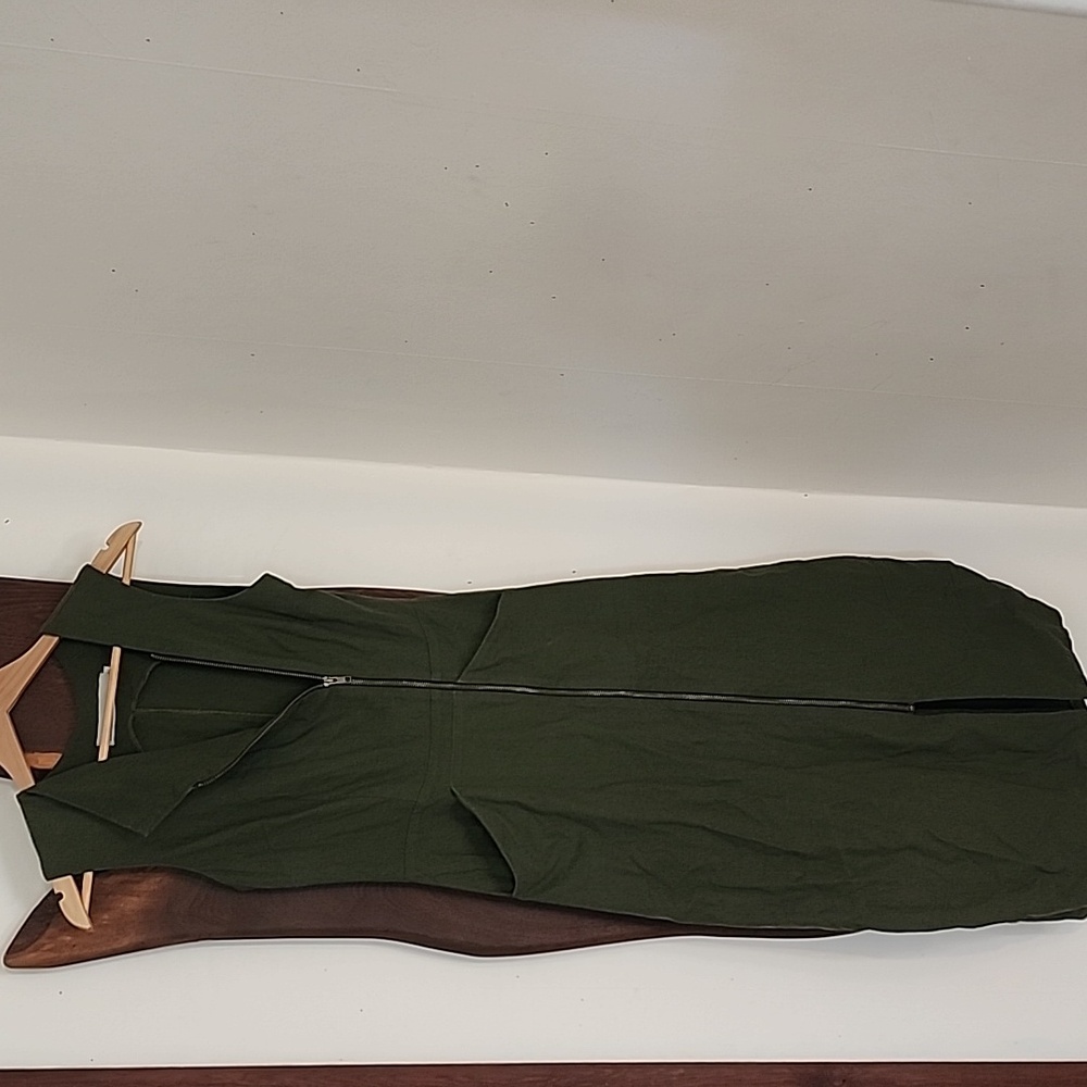 Kim Schalk Zip Front Linen Cotton Midi Dress Olive Green Size 2